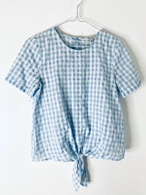 Madewell Blue White Gingham Tie Front Button Back Top